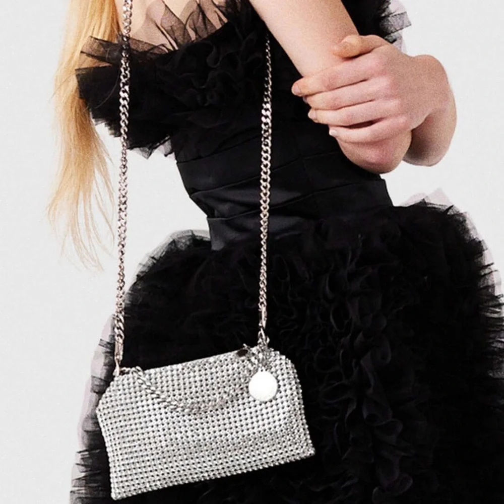 NWT Stella McCartney Crystal Rhinestone Soft Clutch W Silver Chain Crossbody